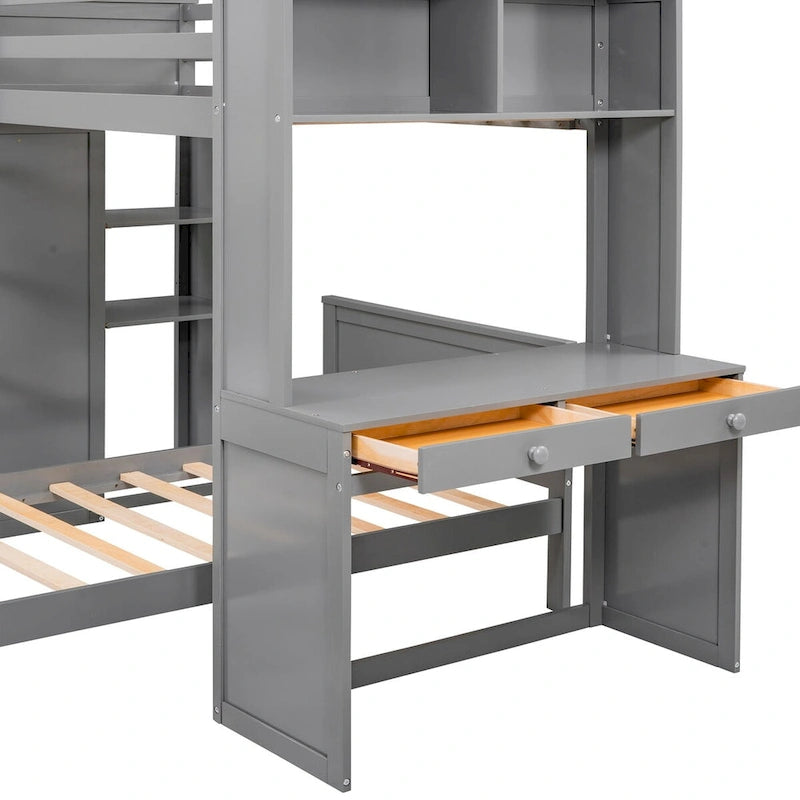 Hochbett in Twin-Größe mit freistehendem Bett, Regalen, Schreibtisch und Kleiderschrank