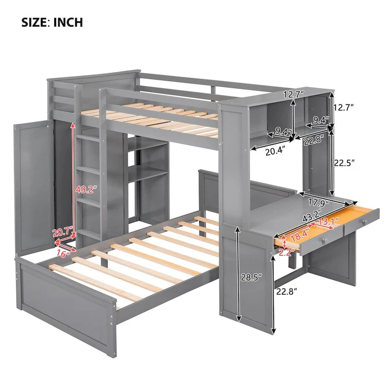 Hochbett in Twin-Größe mit freistehendem Bett, Regalen, Schreibtisch und Kleiderschrank