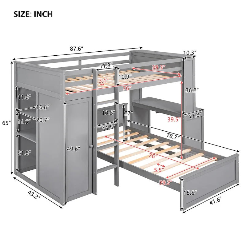 Hochbett in Twin-Größe mit freistehendem Bett, Regalen, Schreibtisch und Kleiderschrank