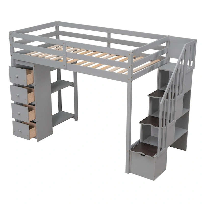 Loft Bed with Storage Drawers and Stairs, Wooden Loft Bed with Shelves