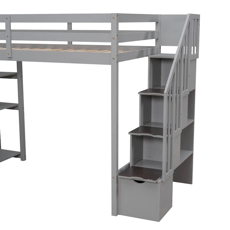 Loft Bed with Storage Drawers and Stairs, Wooden Loft Bed with Shelves