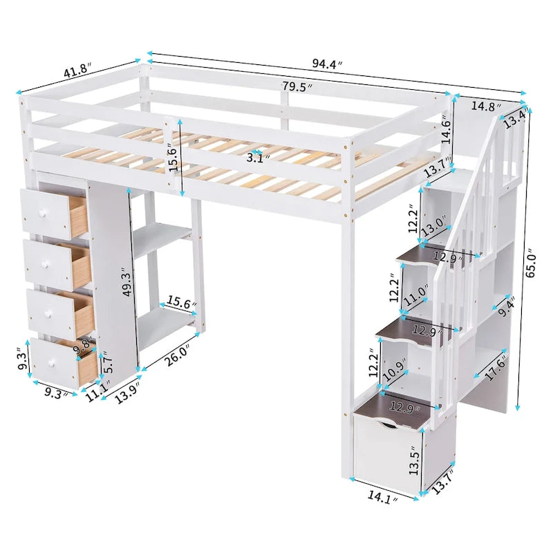 Loft Bed with Storage Drawers and Stairs, Wooden Loft Bed with Shelves