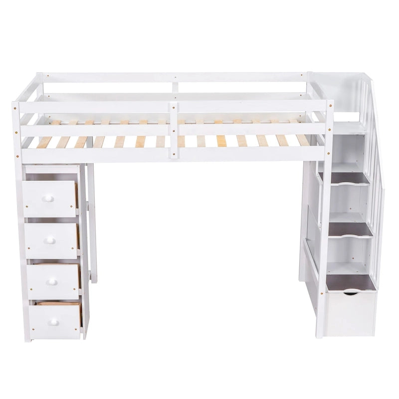 Loft Bed with Storage Drawers and Stairs, Wooden Loft Bed with Shelves