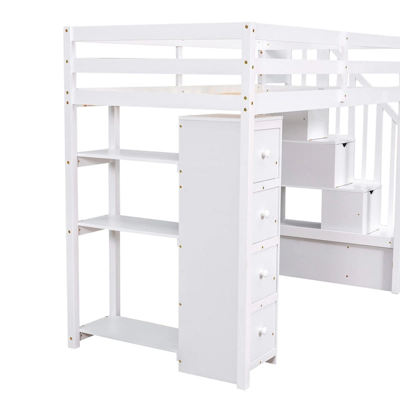 Loft Bed with Storage Drawers and Stairs, Wooden Loft Bed with Shelves