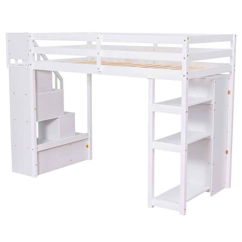 Loft Bed with Storage Drawers and Stairs, Wooden Loft Bed with Shelves