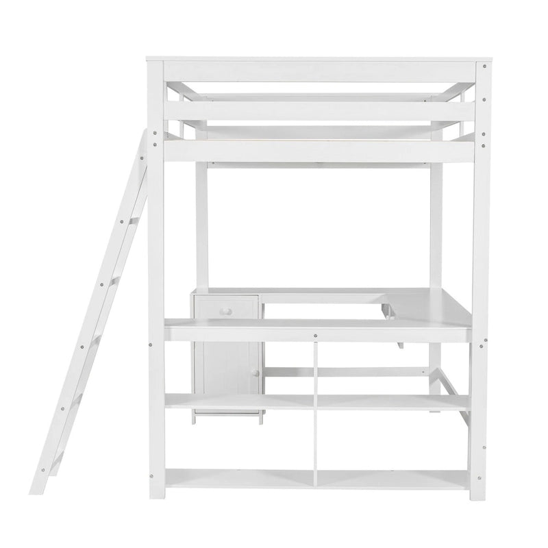 Full Size Wooden Loft Bed with U-shaped Desk, Drawers and Storage Shelves