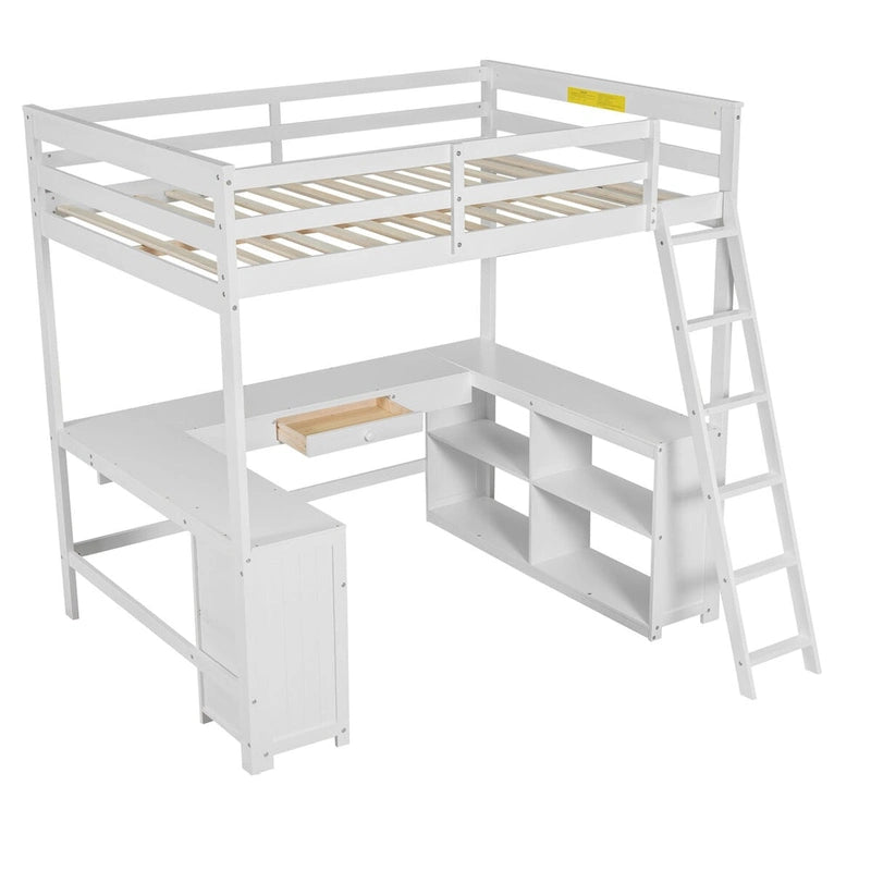 Full Size Wooden Loft Bed with U-shaped Desk, Drawers and Storage Shelves