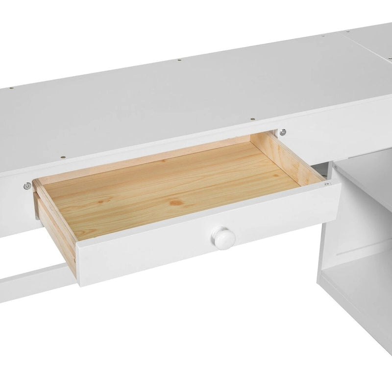 Full Size Wooden Loft Bed with U-shaped Desk, Drawers and Storage Shelves