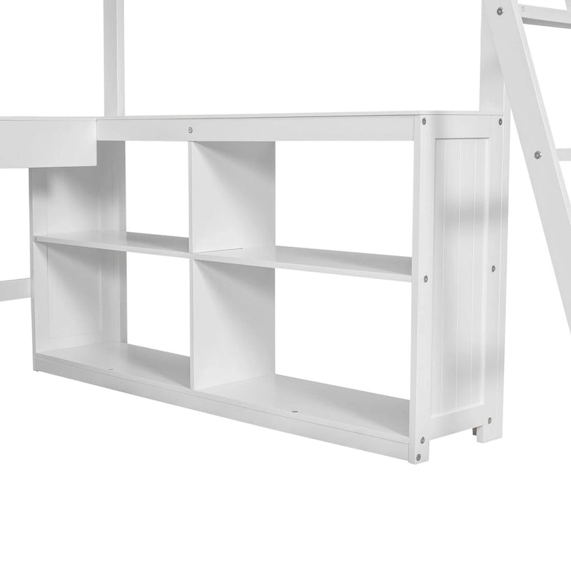 Full Size Wooden Loft Bed with U-shaped Desk, Drawers and Storage Shelves