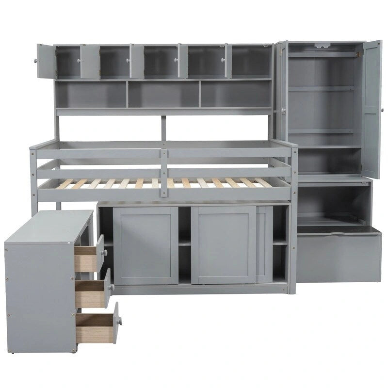 Full Size Wooden Loft Bed Big Storage with Under-bed Desk, with Drawers, with Shelves