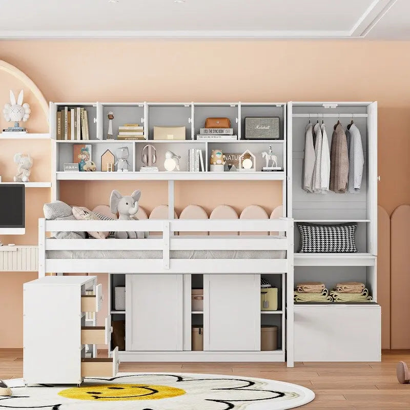 Full Size Wooden Loft Bed Big Storage with Under-bed Desk, with Drawers, with Shelves