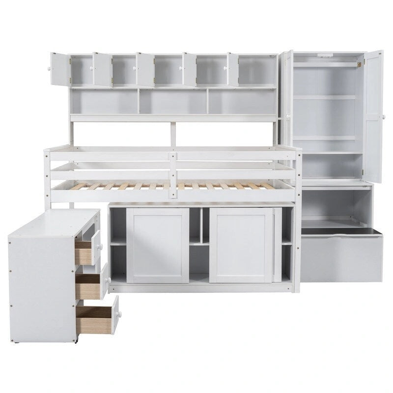 Full Size Wooden Loft Bed Big Storage with Under-bed Desk, with Drawers, with Shelves