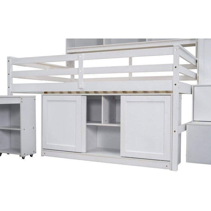 Full Size Wooden Loft Bed Big Storage with Under-bed Desk, with Drawers, with Shelves