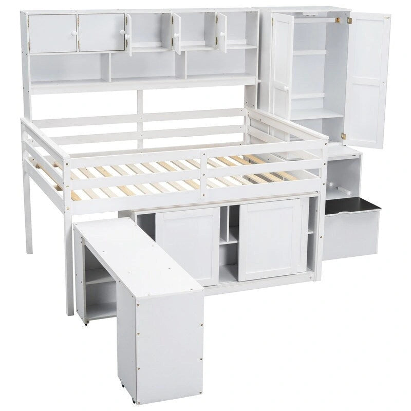 Full Size Wooden Loft Bed Big Storage with Under-bed Desk, with Drawers, with Shelves