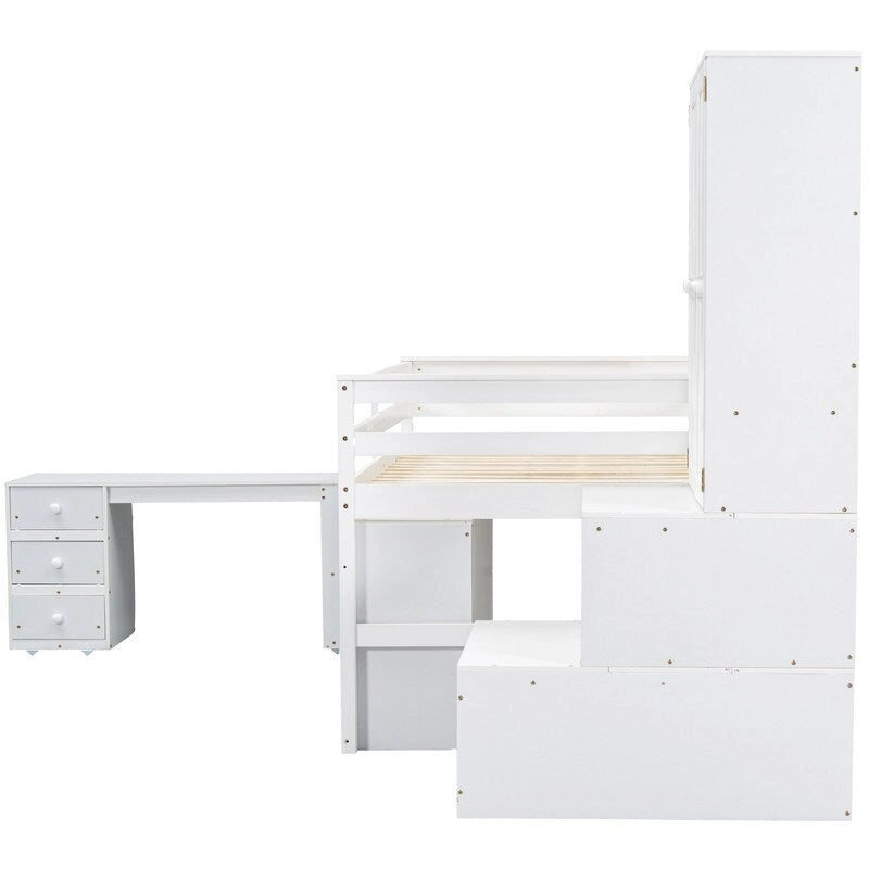 Full Size Wooden Loft Bed Big Storage with Under-bed Desk, with Drawers, with Shelves