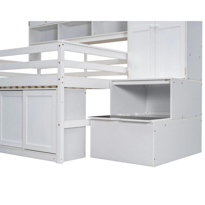Full Size Wooden Loft Bed Big Storage with Under-bed Desk, with Drawers, with Shelves
