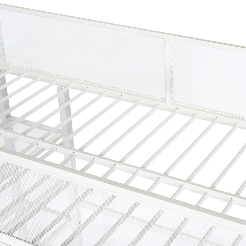 White Metal Loft Bed with 4-Tier Shelves, Workstation, and Full-length Guardrail