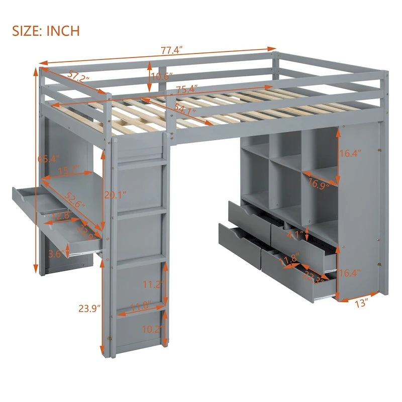 Full Size Loft Bed with Large Shelves,Writing Desk and LED Light