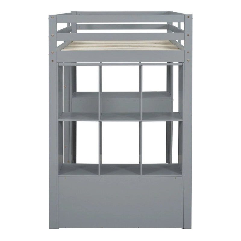 Full Size Loft Bed with Large Shelves,Writing Desk and LED Light