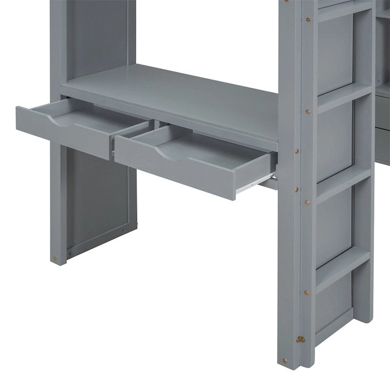 Full Size Loft Bed with Large Shelves,Writing Desk and LED Light