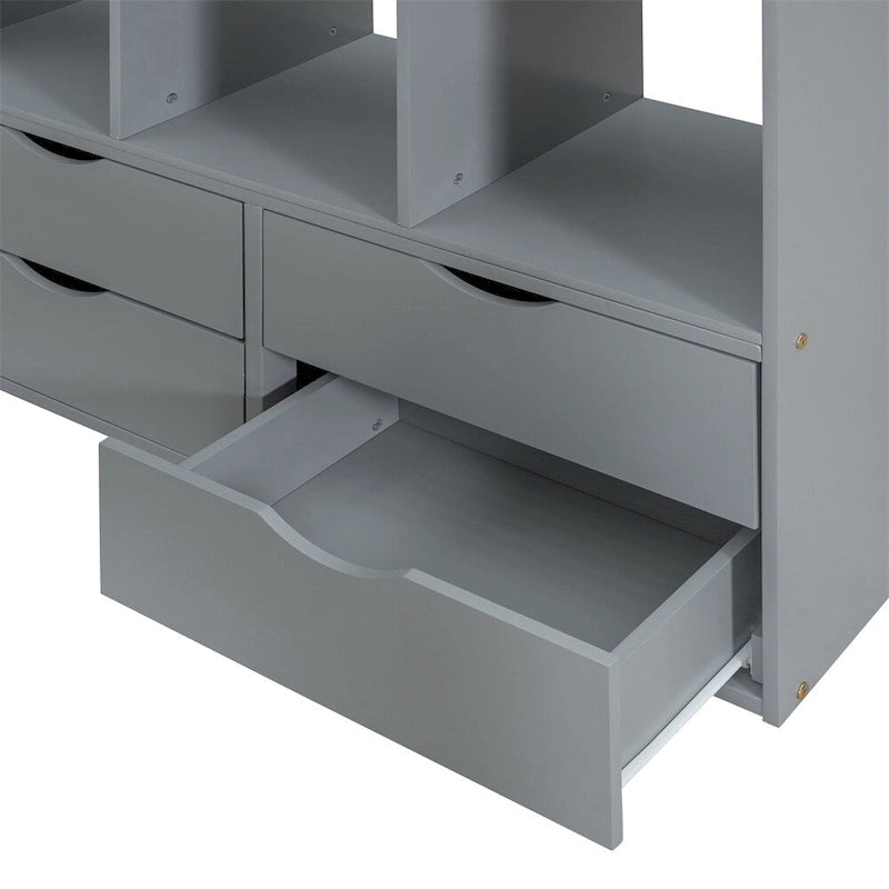 Full Size Loft Bed with Large Shelves,Writing Desk and LED Light