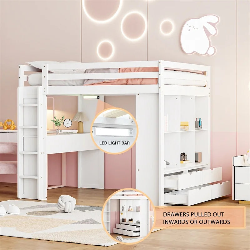 Full Size Loft Bed with Large Shelves,Writing Desk and LED Light