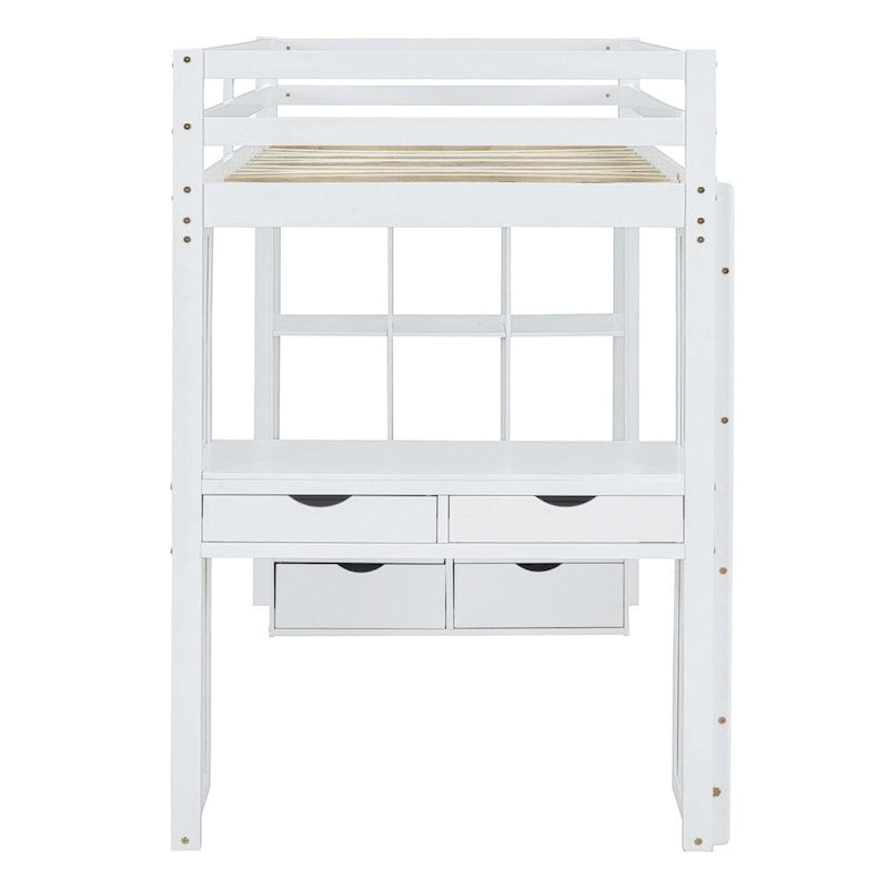Full Size Loft Bed with Large Shelves,Writing Desk and LED Light
