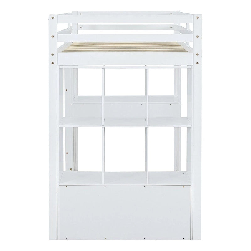 Full Size Loft Bed with Large Shelves,Writing Desk and LED Light
