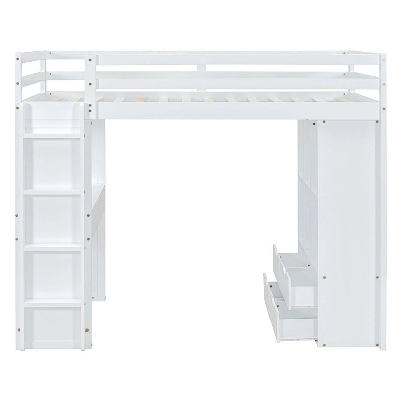 Full Size Loft Bed with Large Shelves,Writing Desk and LED Light