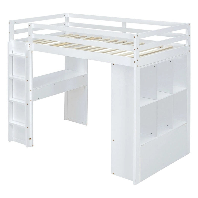 Full Size Loft Bed with Large Shelves,Writing Desk and LED Light