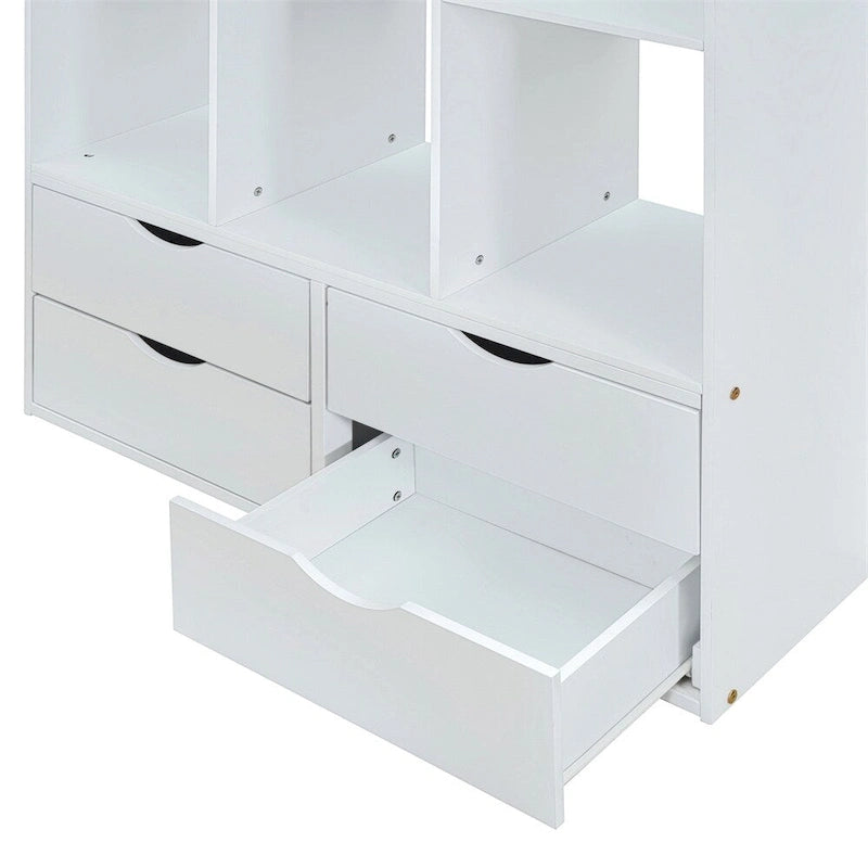 Full Size Loft Bed with Large Shelves,Writing Desk and LED Light