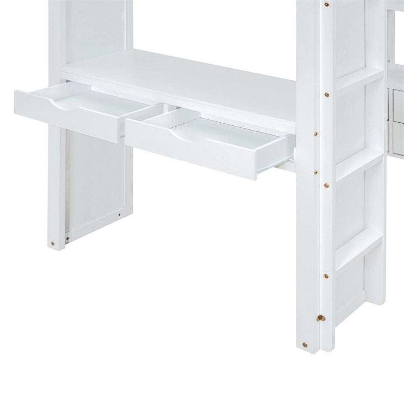Full Size Loft Bed with Large Shelves,Writing Desk and LED Light