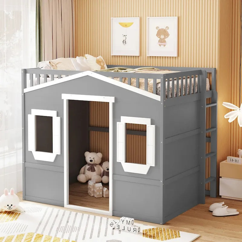 Solid Wood Full Size House Loft Bed with Ladder and Underbed Gaming Space