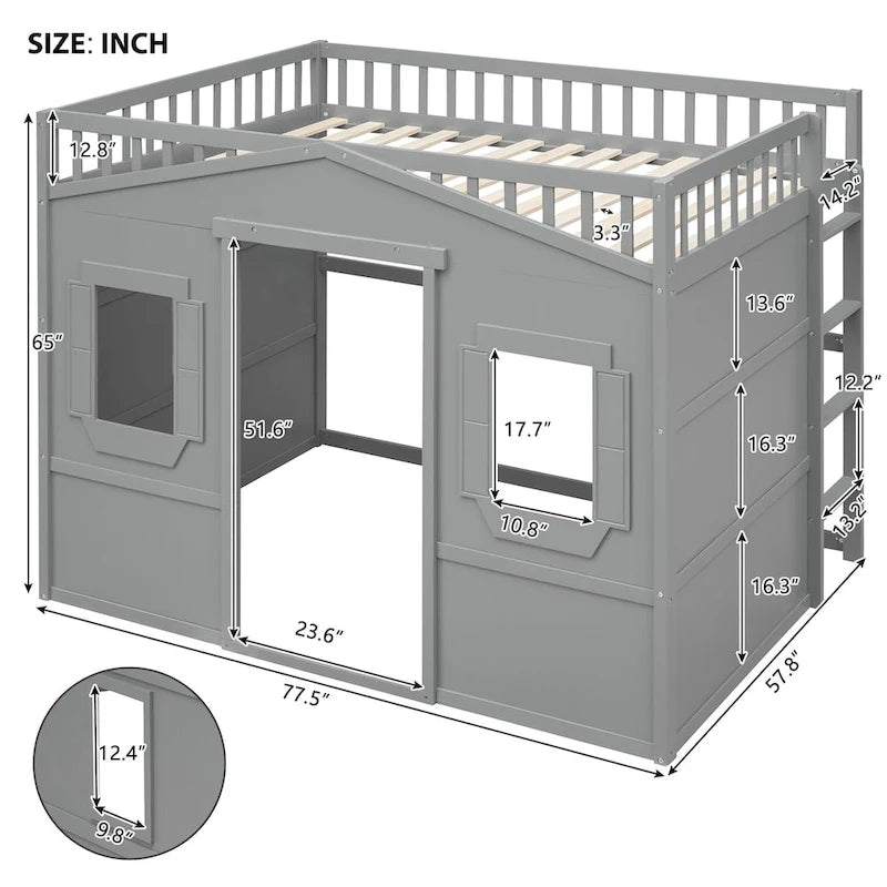 Hochbett aus Massivholz in Doppelbettgröße in Hausform mit Leiter und Gaming-Bereich unter dem Bett
