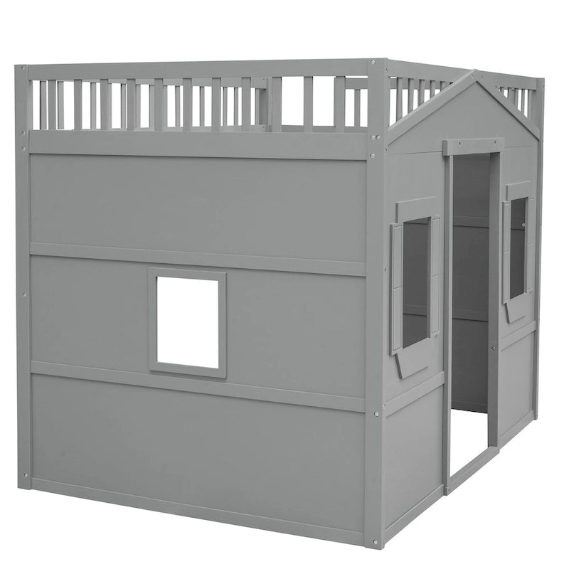 Solid Wood Full Size House Loft Bed with Ladder and Underbed Gaming Space