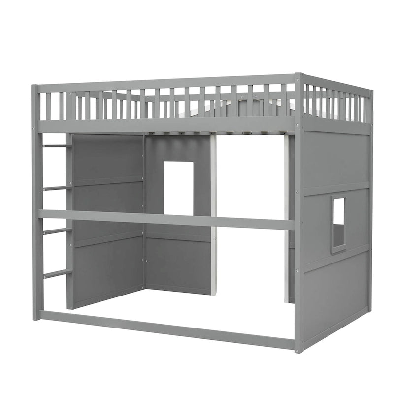 Hochbett aus Massivholz in Doppelbettgröße in Hausform mit Leiter und Gaming-Bereich unter dem Bett