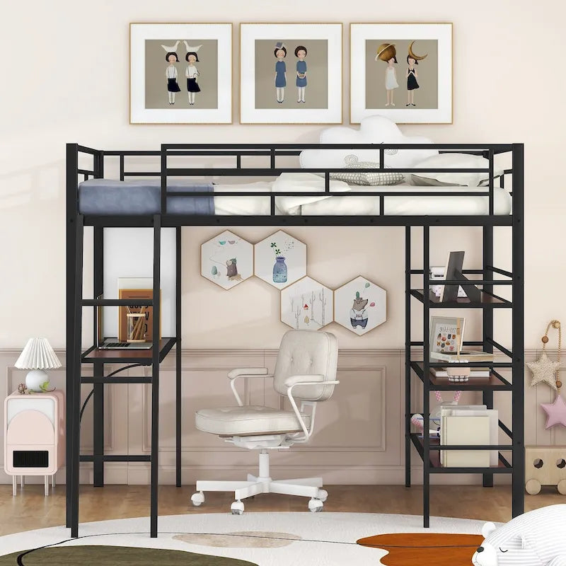 Full Size Loft Metal Bed with 3 Layers of Shelves and Desk, Stylish Metal Frame Bed with Whiteboard