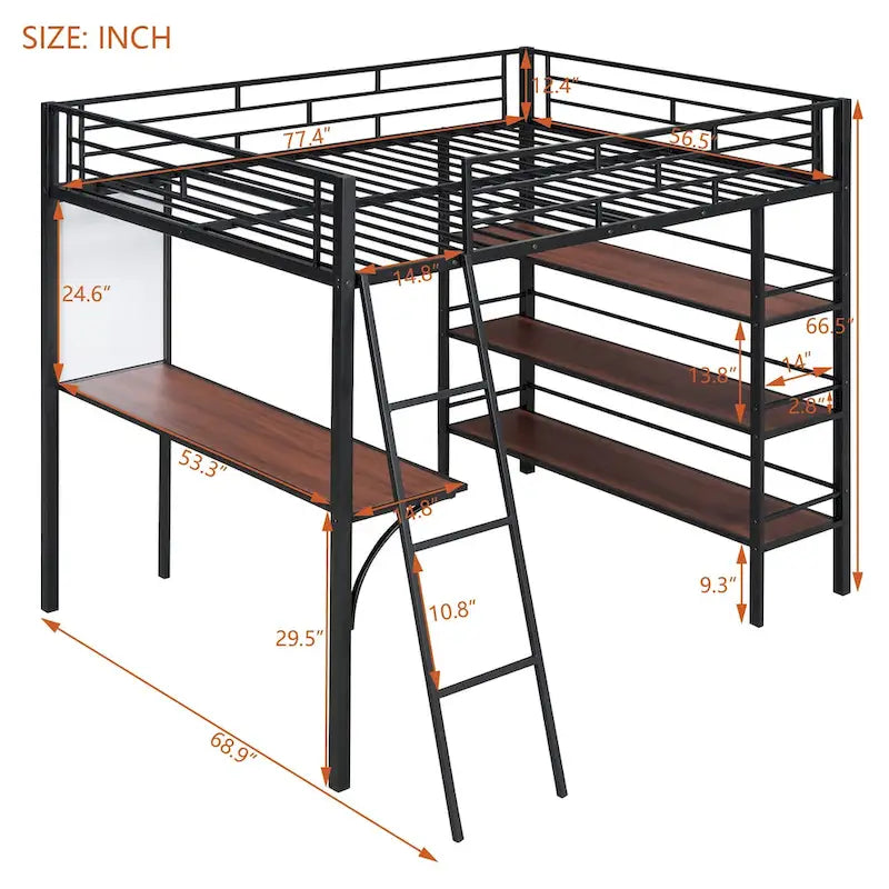 Full Size Loft Metal Bed with 3 Layers of Shelves and Desk, Stylish Metal Frame Bed with Whiteboard