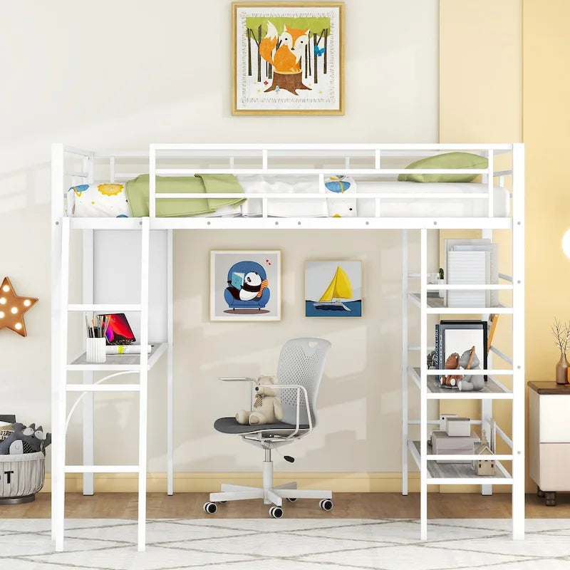 Full Size Loft Metal Bed with 3 Layers of Shelves and Desk, Stylish Metal Frame Bed with Whiteboard