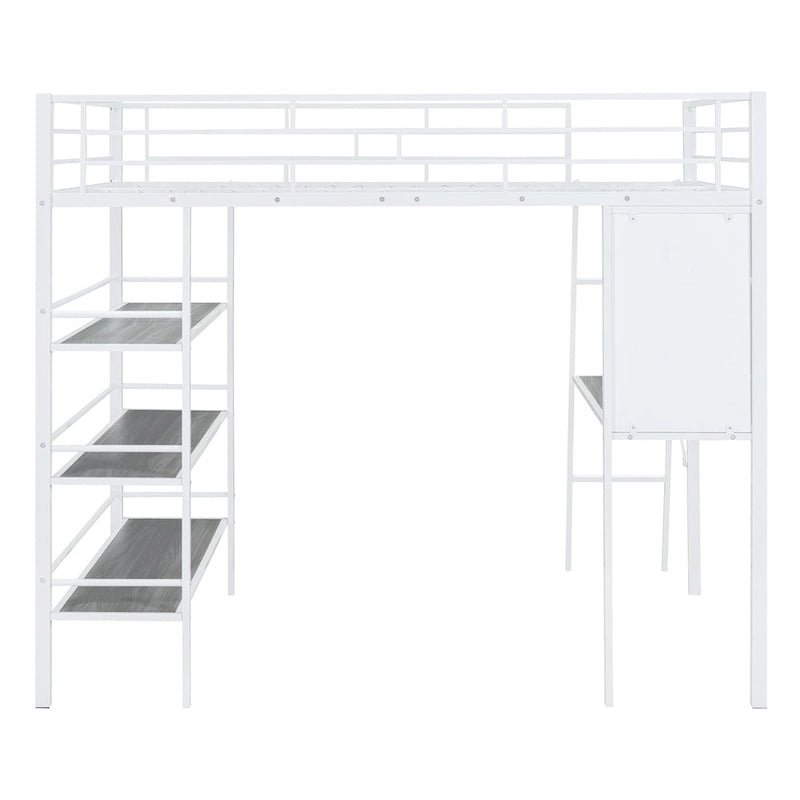 Metall-Hochbett in Full-Size mit 3 Regalebenen und Schreibtisch, stilvollem Metallrahmen und Whiteboard