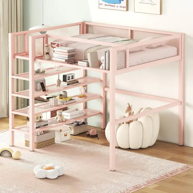 Full Size Metal Loft Bed with 4-Tier Shelves and Storage