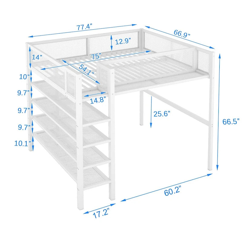 Full Size Metal Loft Bed with 4-Tier Shelves and Storage
