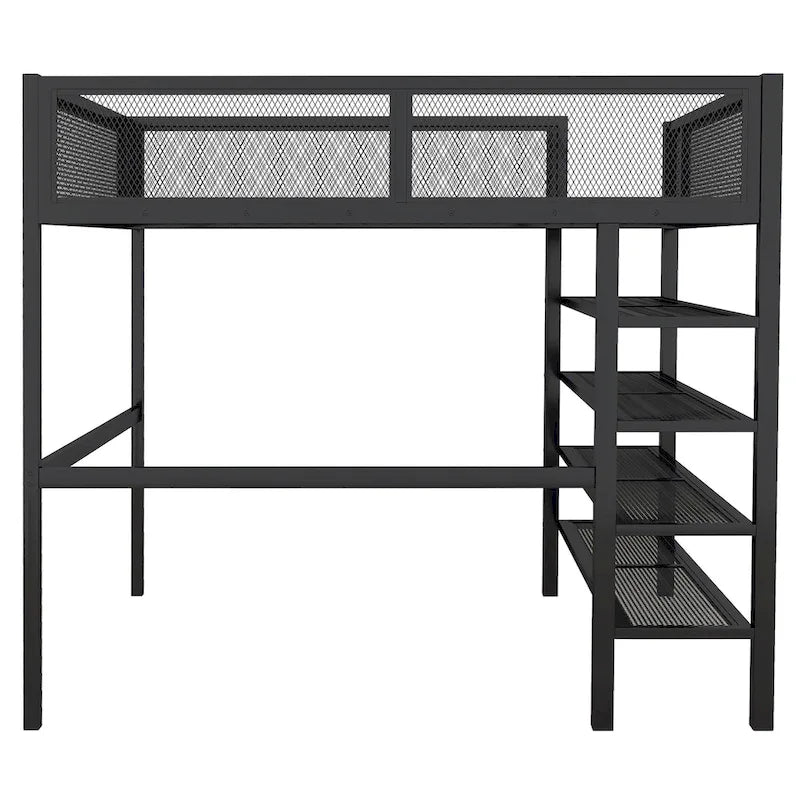 Full Size Metal Loft Bed with 4-Tier Shelves and Storage