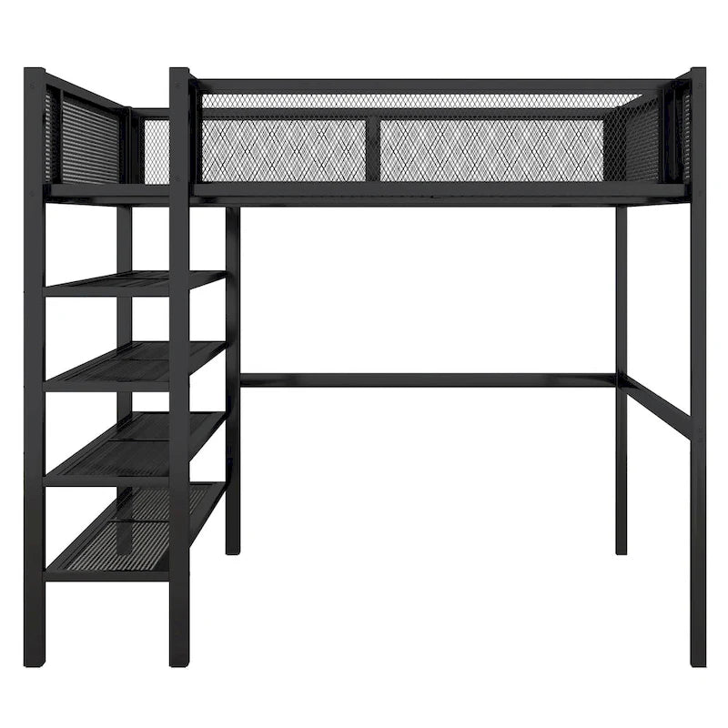 Full Size Metal Loft Bed with 4-Tier Shelves and Storage
