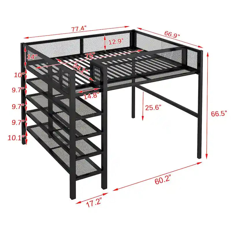 Full Size Metal Loft Bed with 4-Tier Shelves and Storage