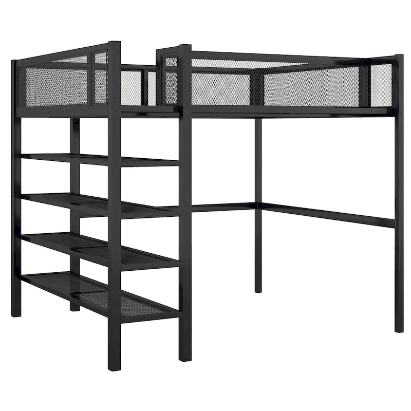 Full Size Metal Loft Bed with 4-Tier Shelves and Storage