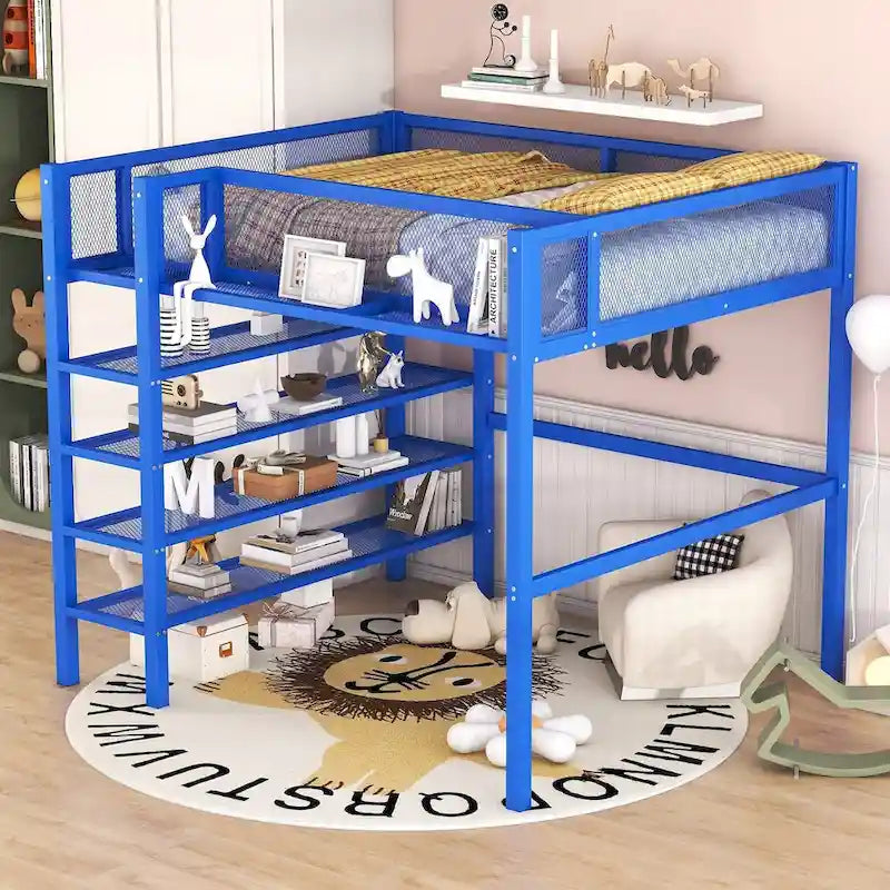 Full Size Metal Loft Bed with 4-Tier Shelves and Storage