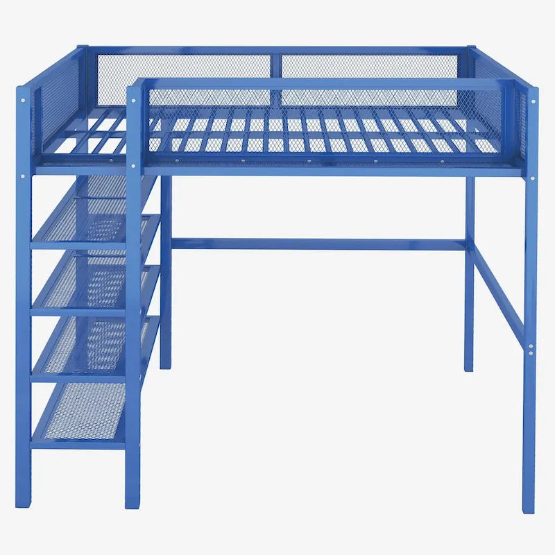 Full Size Metal Loft Bed with 4-Tier Shelves and Storage