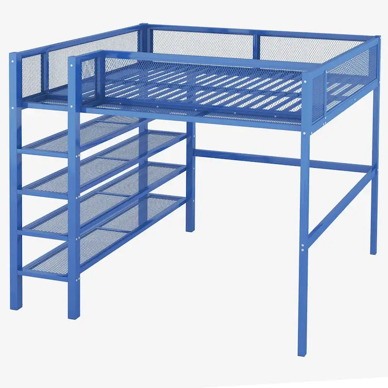 Full Size Metal Loft Bed with 4-Tier Shelves and Storage