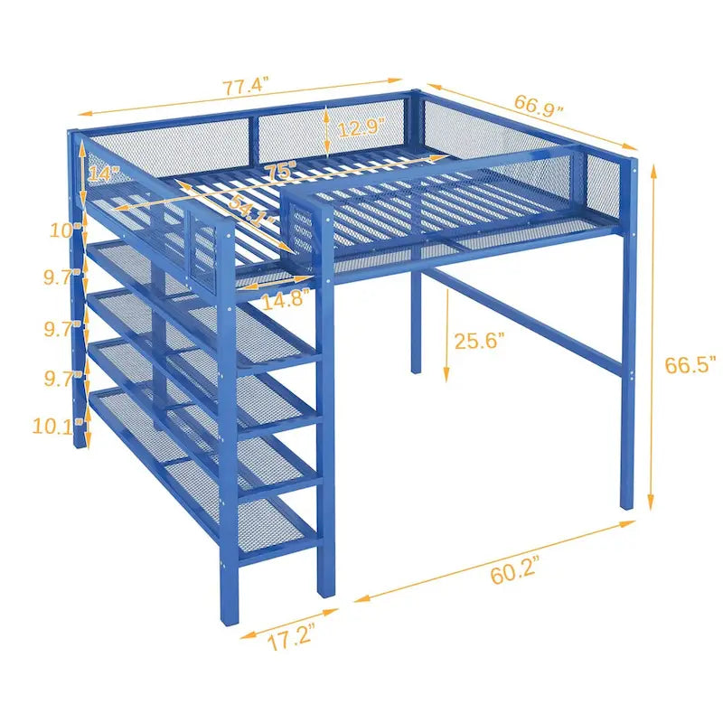 Full Size Metal Loft Bed with 4-Tier Shelves and Storage